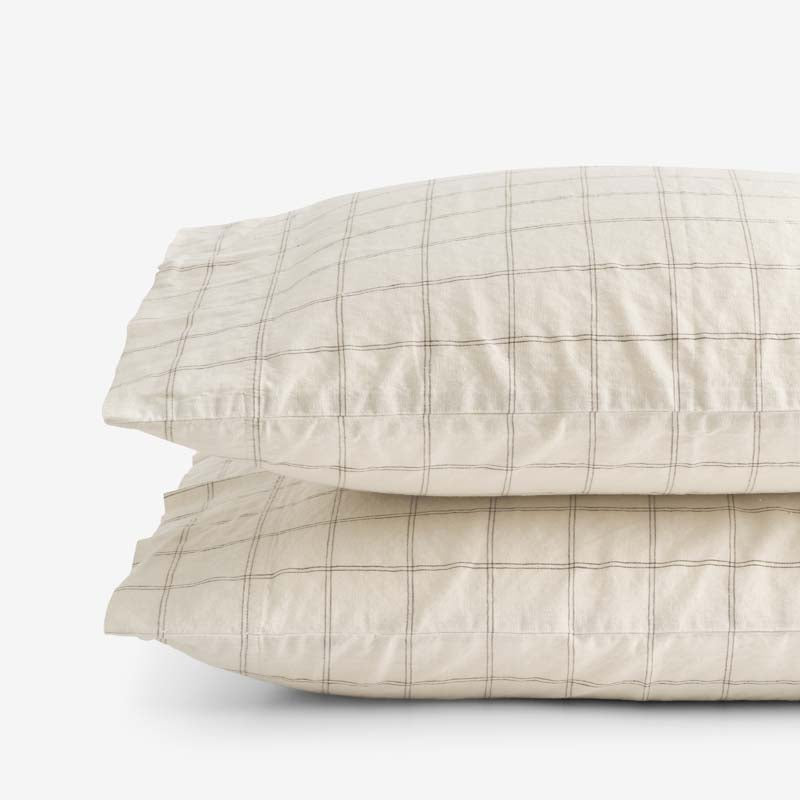 Tailored Stripes and Plaids Premium Breathable Washed Linen Cotton Pillowcase Set - Windowpane Dark Brown, Standard,Windowpane Dark Brown