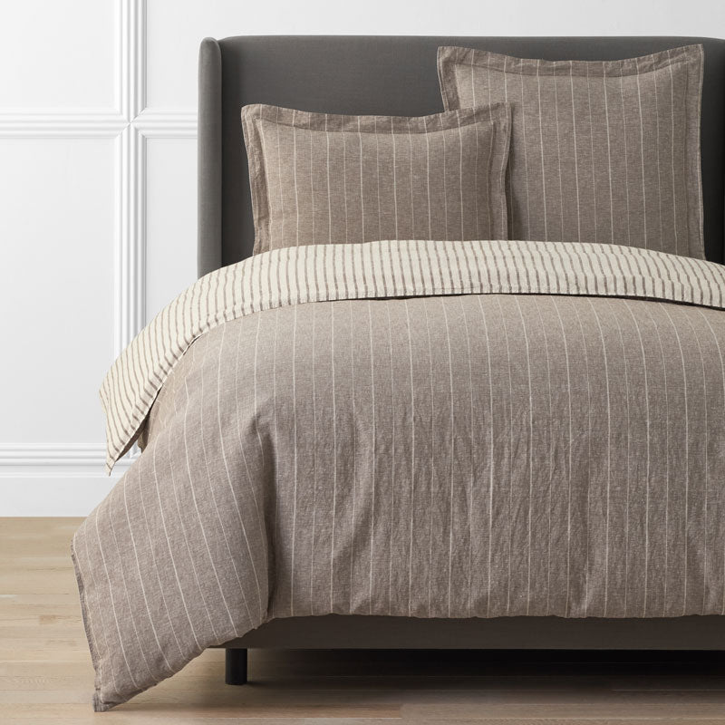 Tailored Stripes Premium Breathable Washed Linen Cotton Reversible Duvet Cover - Wide Stripe Dark Brown, Twin/Twin XL,Wide Stripe Dark Brown