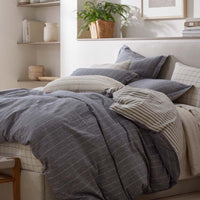 Tailored Stripes Premium Breathable Washed Linen Cotton Reversible Duvet Cover - Wide Stripe Deep Navy, King/Cal. King,Wide Stripe Deep Navy