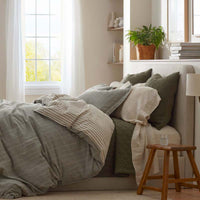 Tailored Stripes Premium Breathable Washed Linen Cotton Reversible Duvet Cover - Wide Stripe Dark Olive, Twin/Twin XL,Wide Stripe Dark Olive