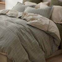 Tailored Stripes Premium Breathable Washed Linen Cotton Reversible Duvet Cover - Wide Stripe Dark Olive, Twin/Twin XL,Wide Stripe Dark Olive