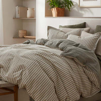 Tailored Stripes Premium Breathable Washed Linen Cotton Reversible Duvet Cover - Wide Stripe Dark Olive, Twin/Twin XL,Wide Stripe Dark Olive