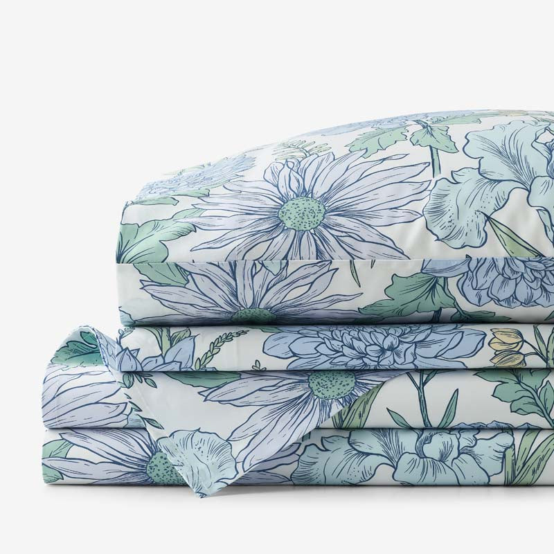 Garden Bliss Classic Smooth Sateen Bed Sheet Set - Blue Multi, Queen,Blue Multi