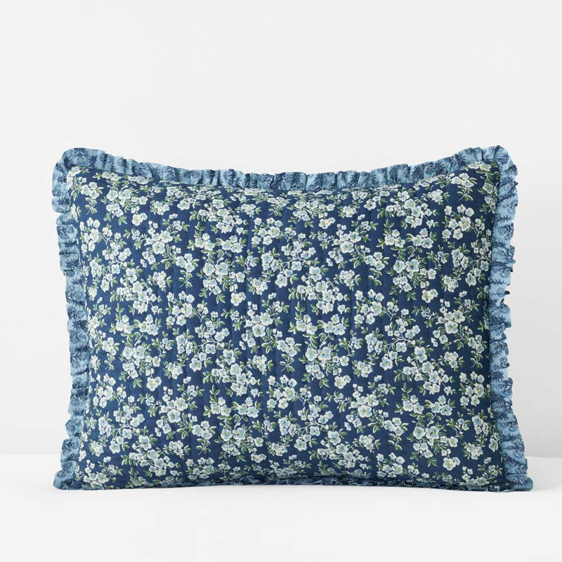 Suhana Reversible Ruffle Quilted Sham - Blue, King,Blue