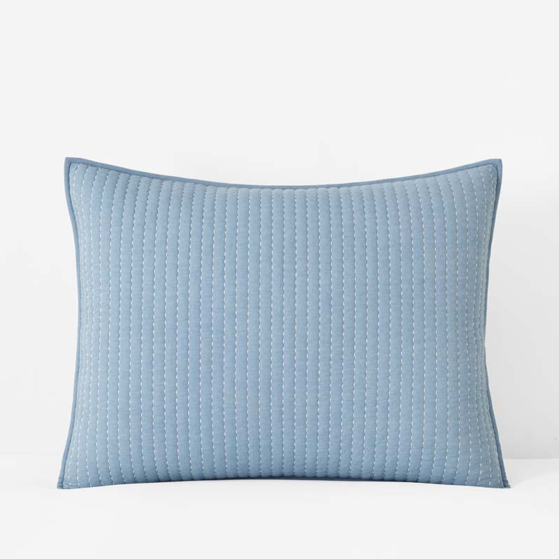 Fara Textured Kantha Quilted Sham - Blue, Standard,Blue