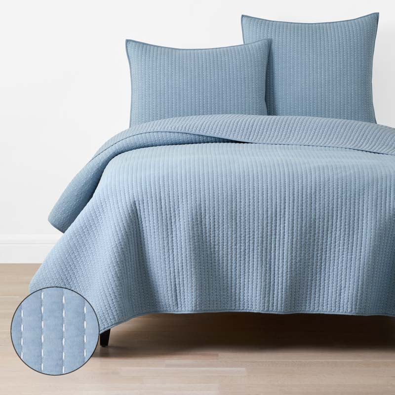 Fara Textured Kantha Quilt - Blue, Twin/Twin XL,Blue