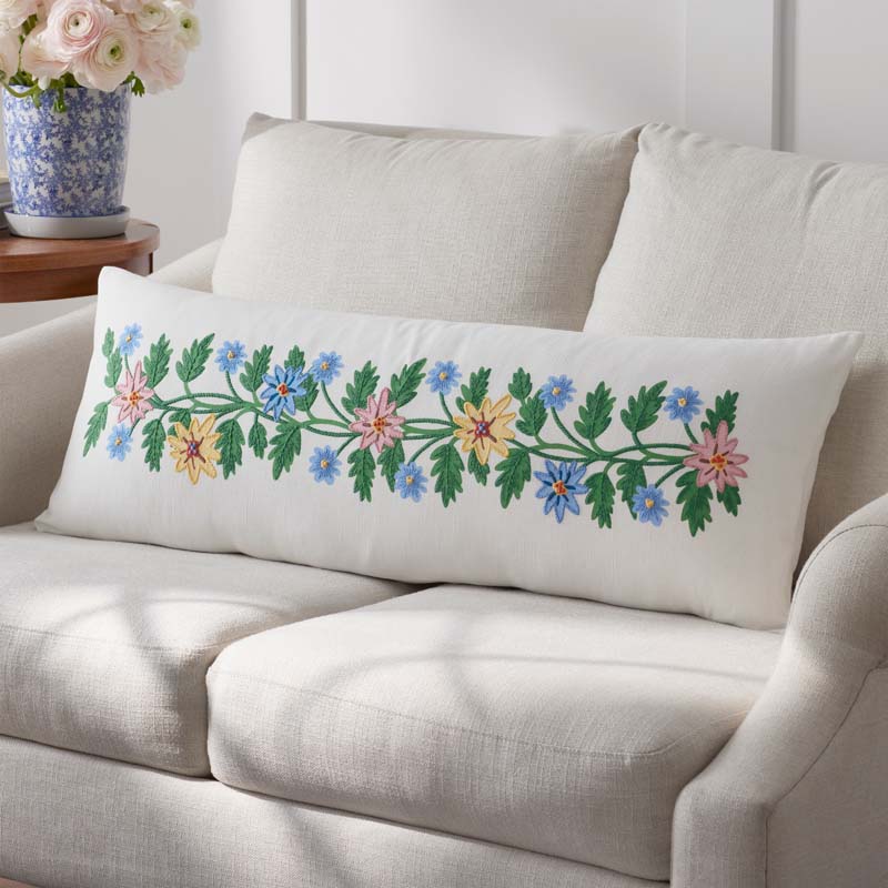 Helena Embroidered Decorative Lumbar Pillow Cover - Ivory,Ivory