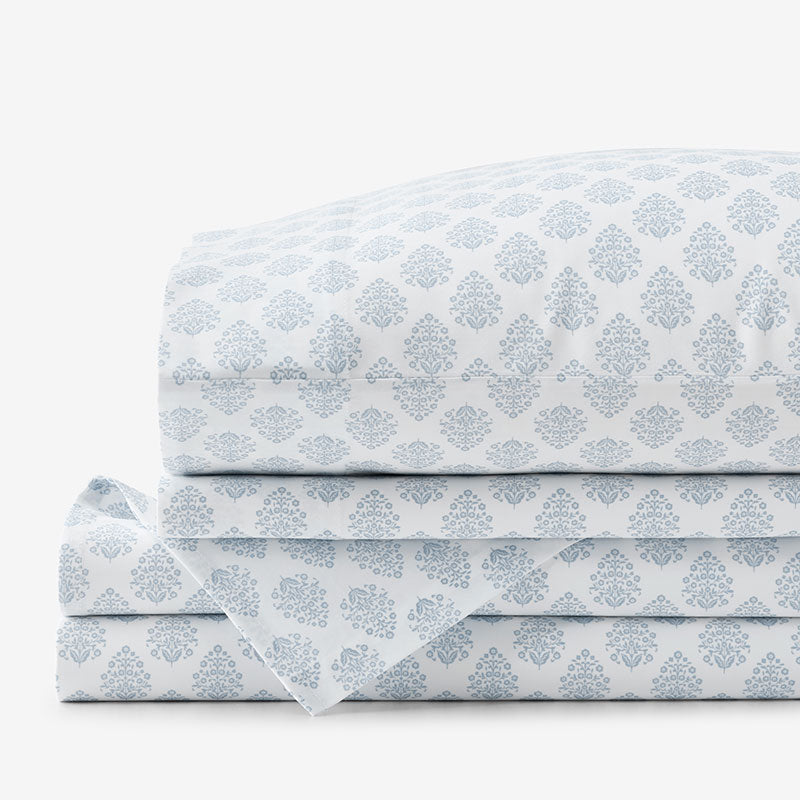 Butti Bouquet Classic Smooth Sateen Bed Sheet Set - Dusty Blue, Twin,Dusty Blue