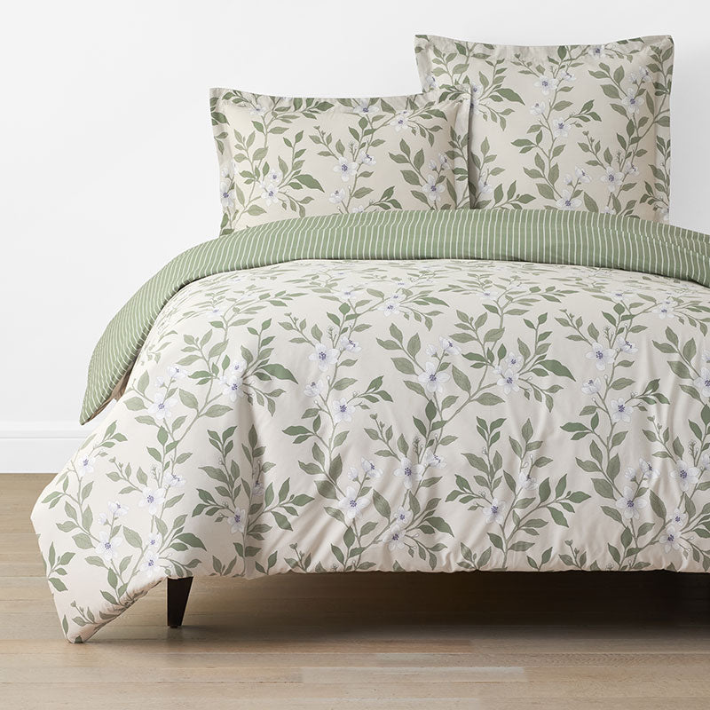 Garden Mist Classic Cool Cotton Percale Reversible Duvet Cover - Floral and Stripe Beige Multi, King/Cal. King,Floral & Stripe Beige Multi