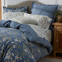 Garden Mist Classic Cool Cotton Percale Reversible Duvet Cover - Floral and Stripe Smoke Blue, King/Cal. King,Floral & Stripe Smoke Blue