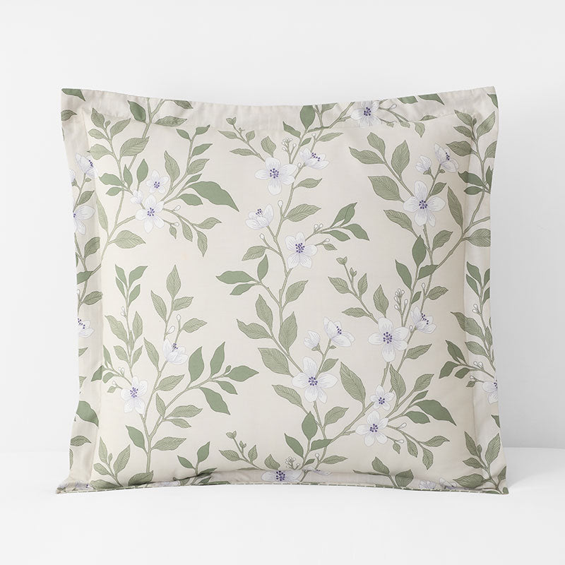 Garden Mist Classic Cool Cotton Percale Reversible Sham - Floral and Stripe Beige Multi, Euro,Floral & Stripe Beige Multi