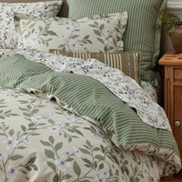 Garden Mist Classic Cool Cotton Percale Reversible Sham - Floral and Stripe Beige Multi, King,Floral & Stripe Beige Multi