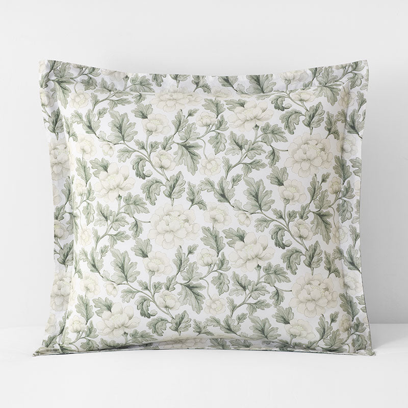 Elegant Floral Garment Washed Cotton Percale Reversible Sham - Green, Euro,Green