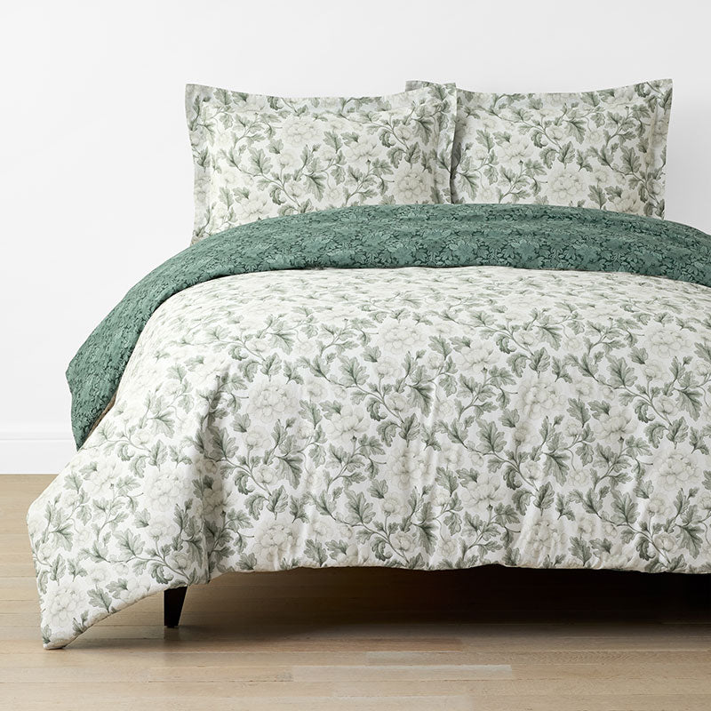 Elegant Floral Garment Washed Cotton Percale Reversible Duvet Cover Set - Green, Twin/Twin XL,Green