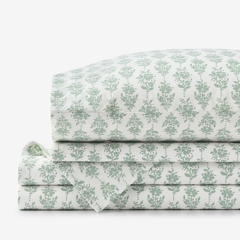Fancy Blossom Garment Washed Cotton Percale Bed Sheet Set - Green, Twin,Green