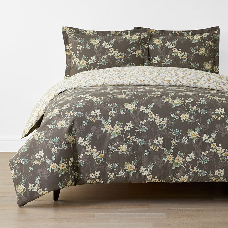 Charming Floral Garment Washed Cotton Percale Reversible Duvet Cover Set - Cocoa Brown, Twin/Twin XL,Cocoa Brown