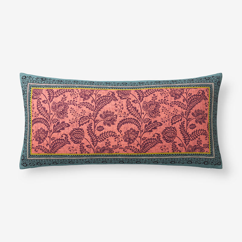 Nora Floral Leaf Reversible Decorative Lumbar Pillow Cover - Red Multi, 14 in. x 30 in.,Red Multi