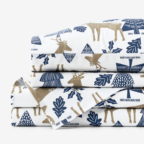 Holiday Print Classic Ultra-Cozy Cotton Flannel Bed Sheet Set - Deer Path, Twin XL,Deer Path