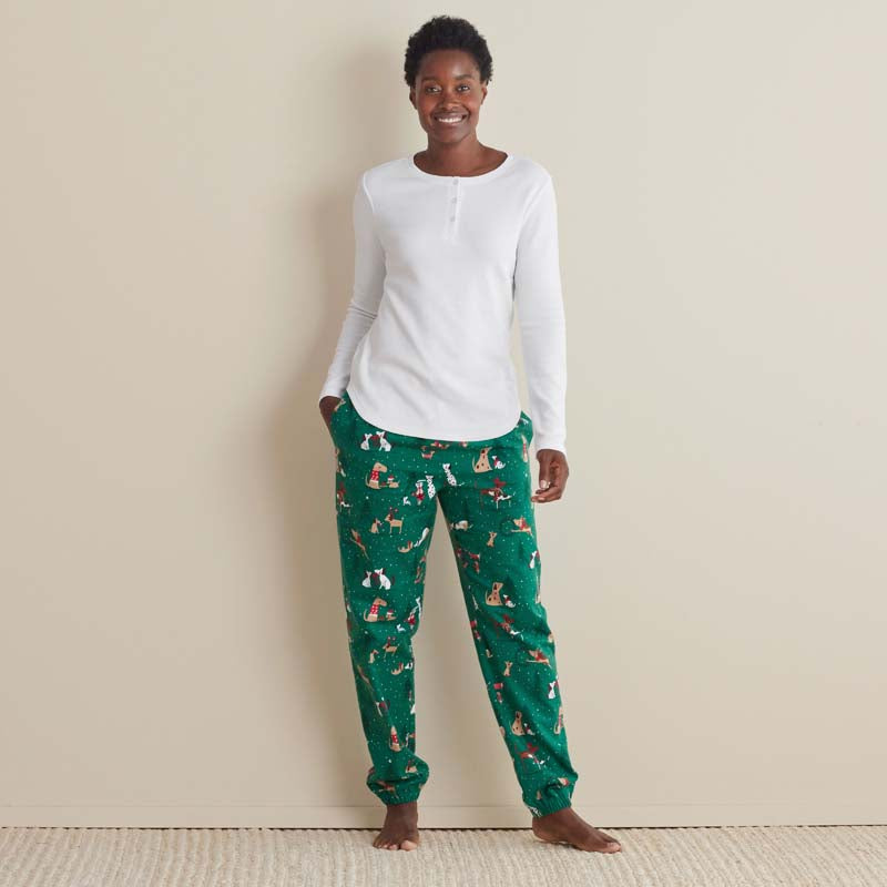 Family Flannel Women's Jogger Pants Pajama Set - Holiday Pups, S,Holiday Pups