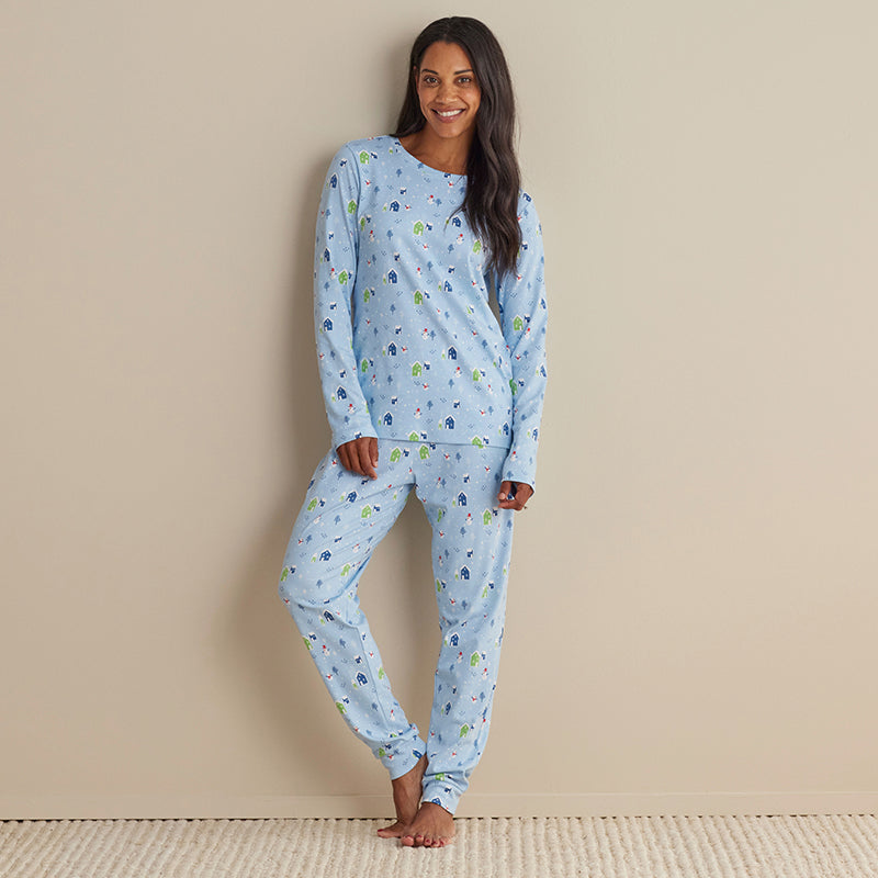 Family Printed Peruvian Cotton Women's Pajama Set - Village Snowman, XXL,Village Snowman