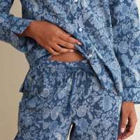 Printed Voile Women's Cropped Pajama Set - Indigo Floral, XS,Indigo Floral