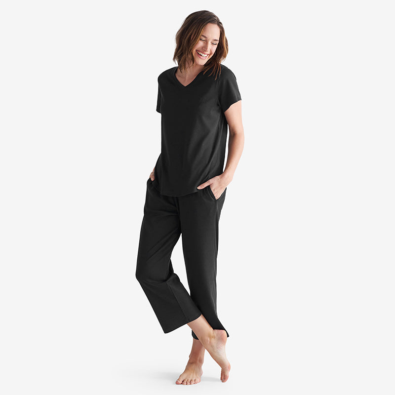 Pima Cotton Women's Cropped Pajama Set - Black, XXL,Black