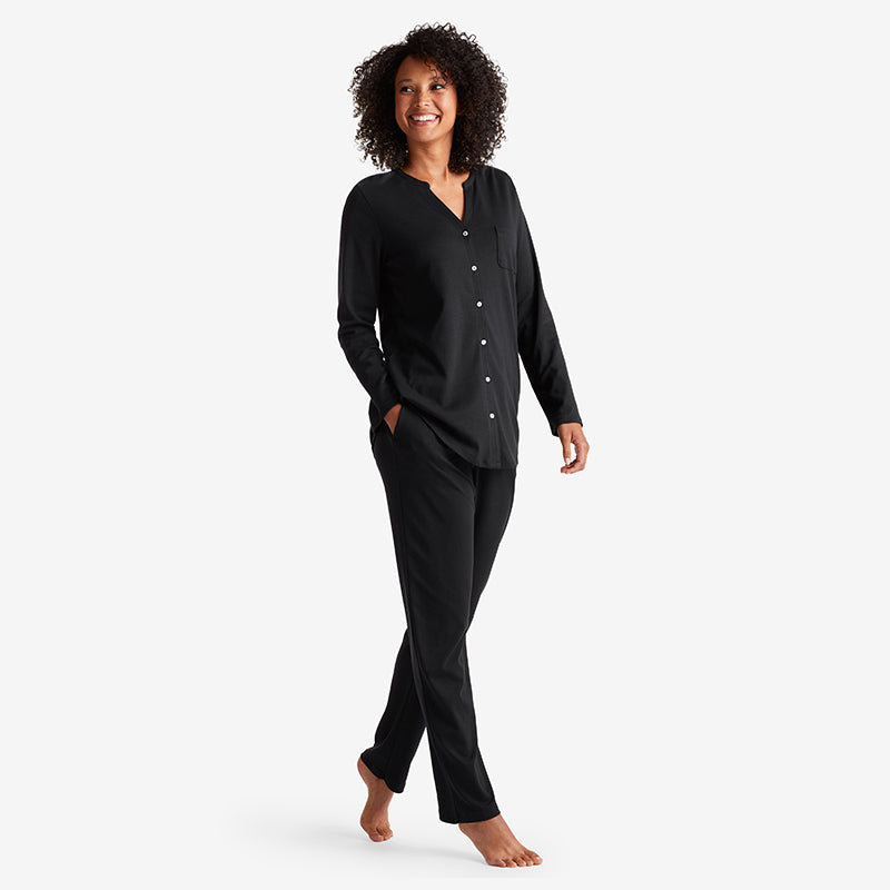 Pima Cotton Women's Button-Down Pajama Set - Black, XXL,Black