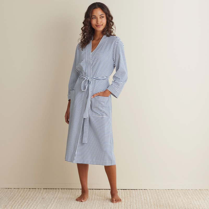 Yarn-Dyed Stripe Pima Cotton Women's Kimono Robe - Navy/White, XS,Navy/White