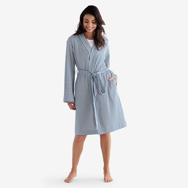 Yarn-Dyed Stripe Pima Cotton Women's Kimono Robe - Navy/White, XXL,Navy/White