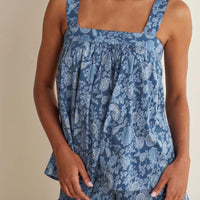 Printed Voile Women's Babydoll Shorts Set - Indigo Floral, S,Indigo Floral