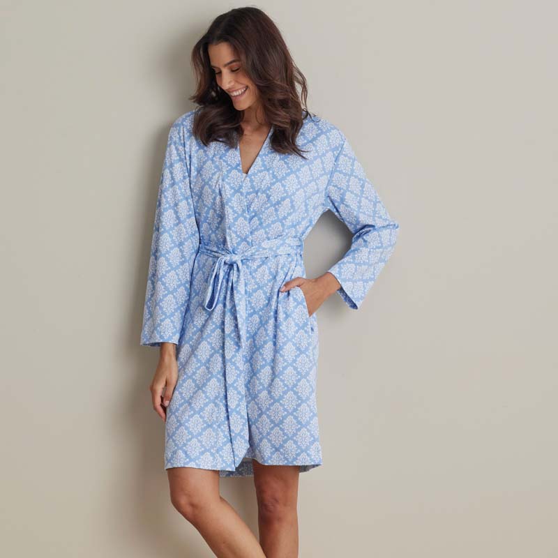 Printed Pima Cotton Women's Kimono Robe - Lisbon Blue, XS,Lisbon Blue