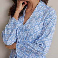 Printed Pima Cotton Women's Kimono Robe - Lisbon Blue, XS,Lisbon Blue