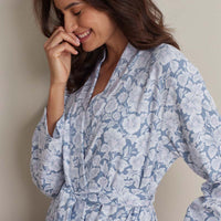 Printed Pima Cotton Women's Kimono Robe - Blue Garden, XXL,Blue Garden