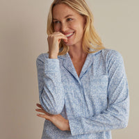 Printed Pima Cotton Women's Button-Down Pajama Set - Damask Blue, XXL,Damask Blue