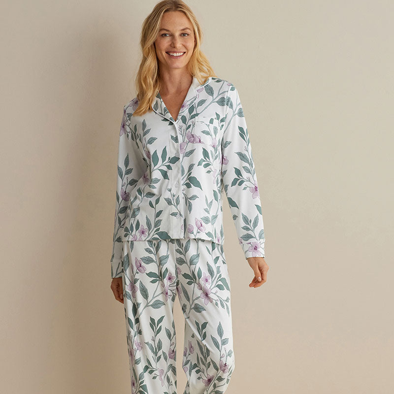 Printed Pima Cotton Women's Button-Down Pajama Set - Quiet Garden, XXL,Quiet Garden