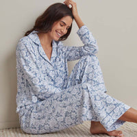 Printed Pima Cotton Women's Button-Down Pajama Set - Blue Garden, S,Blue Garden