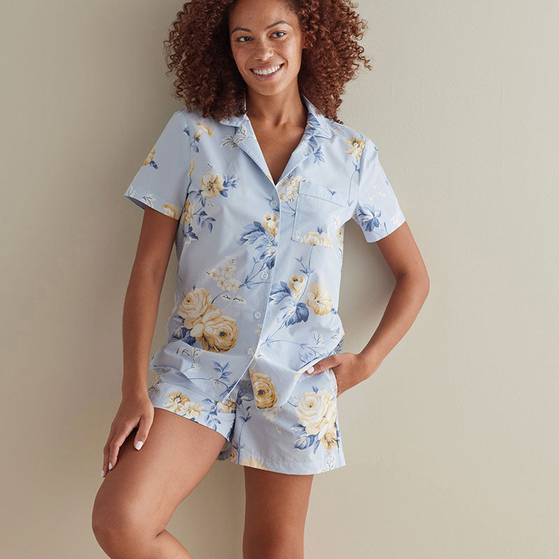 Printed Poplin Women's Shorts Set - Blue Floral, XXL,Blue Floral
