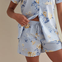 Printed Poplin Women's Shorts Set - Blue Floral, XXL,Blue Floral