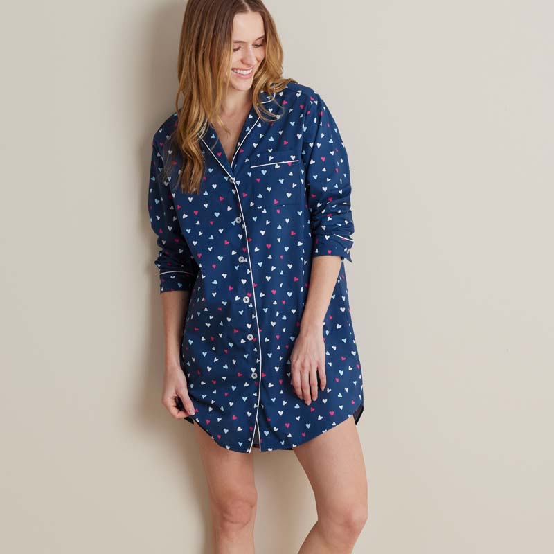 Printed Poplin Women's Nightshirt - Navy Hearts, XS,Navy Hearts