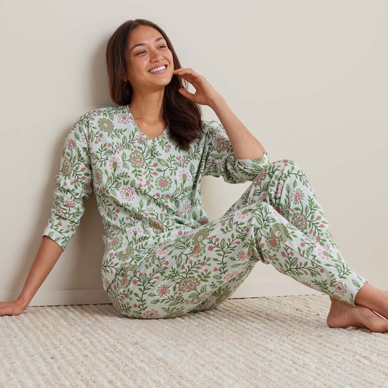Printed Peruvian Cotton Women's Jogger Pants Pajama Set - Floral Trail, XXL,Floral Trail