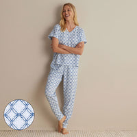 Printed Peruvian Cotton Women's Jogger Pants Pajama Set - Mosaic Blue, XXL,Mosaic Blue