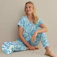 Printed Peruvian Cotton Women's Jogger Pants Pajama Set - Floral Trail Blue, XXL,Floral Trail Blue