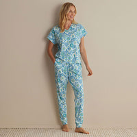 Printed Peruvian Cotton Women's Jogger Pants Pajama Set - Floral Trail Blue, XXL,Floral Trail Blue
