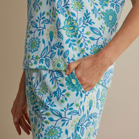 Printed Peruvian Cotton Women's Jogger Pants Pajama Set - Floral Trail Blue, XXL,Floral Trail Blue