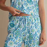 Printed Peruvian Cotton Women's Jogger Pants Pajama Set - Floral Trail Blue, XXL,Floral Trail Blue