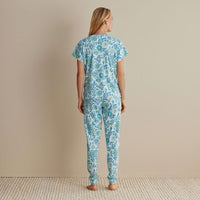 Printed Peruvian Cotton Women's Jogger Pants Pajama Set - Floral Trail Blue, XXL,Floral Trail Blue