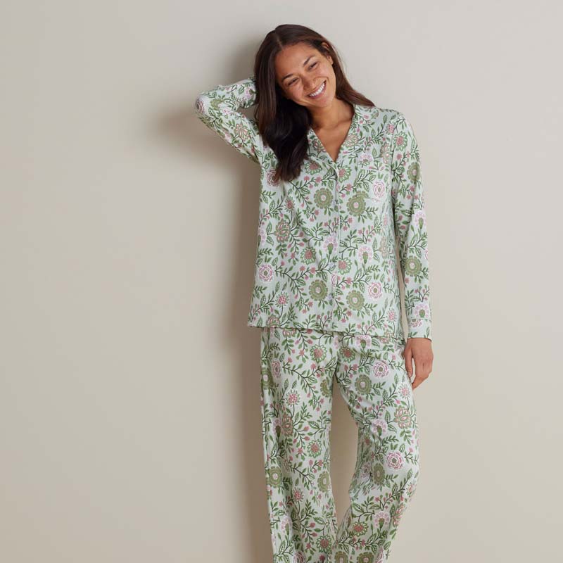 Printed Peruvian Cotton Women's Button-Down Pajama Set - Floral Trail, XXL,Floral Trail