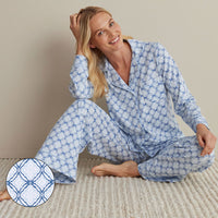 Printed Peruvian Cotton Women's Button-Down Pajama Set - Mosaic Blue, XXL,Mosaic Blue