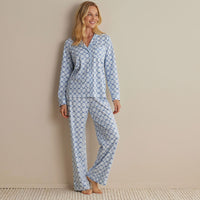 Printed Peruvian Cotton Women's Button-Down Pajama Set - Mosaic Blue, XXL,Mosaic Blue