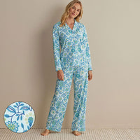 Printed Peruvian Cotton Women's Button-Down Pajama Set - Floral Trail Blue, XXL,Floral Trail Blue